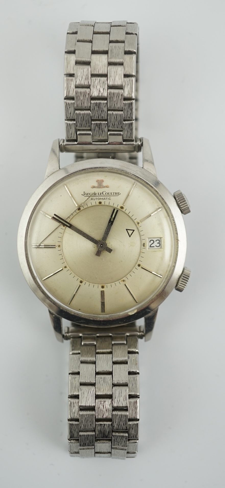 A gentleman's stainless steel Jager LeCoultre Memovox automatic alarm date wrist watch
